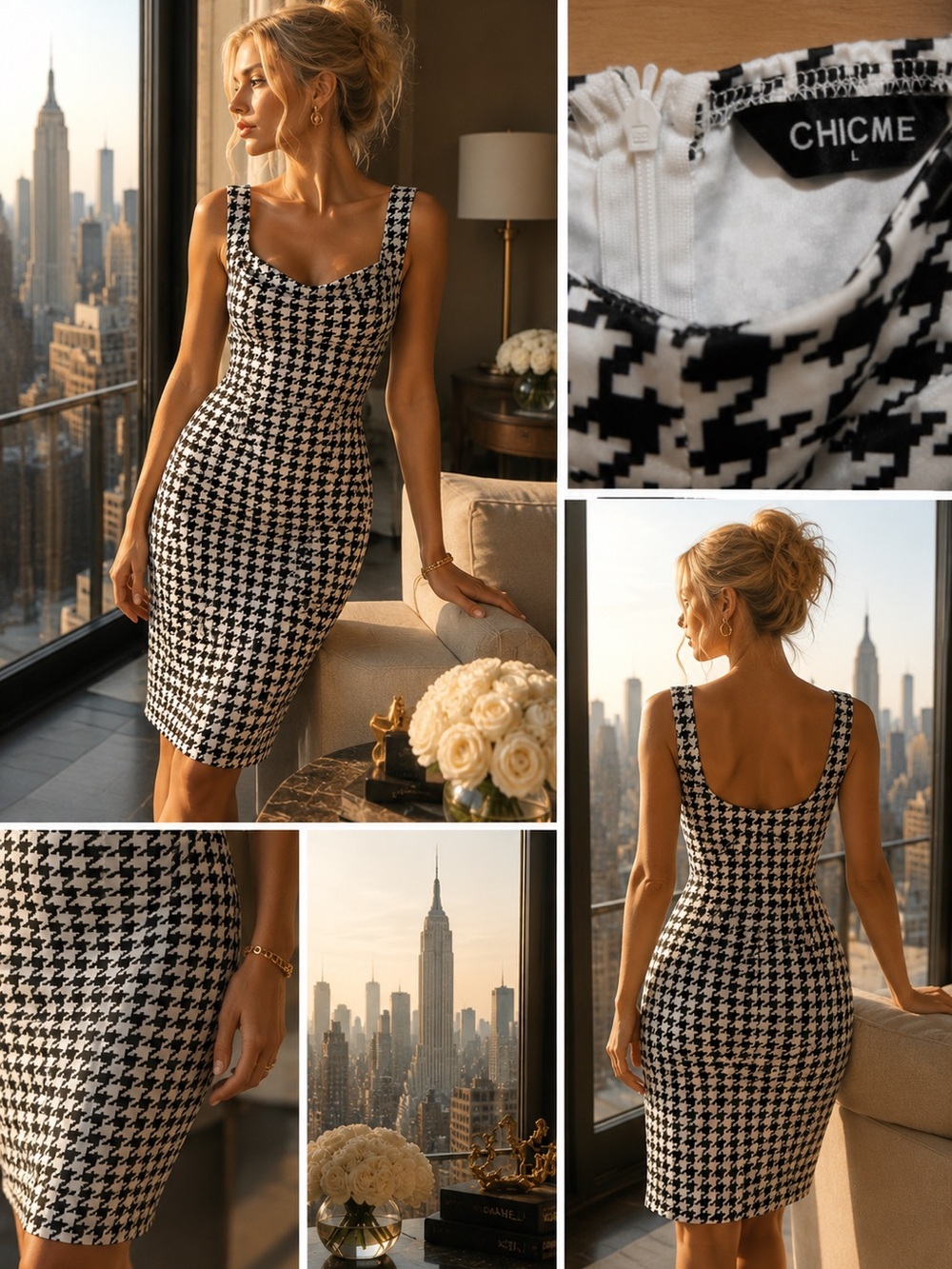 Chic Black & White Houndstooth Vintage Midi Sheath Dress